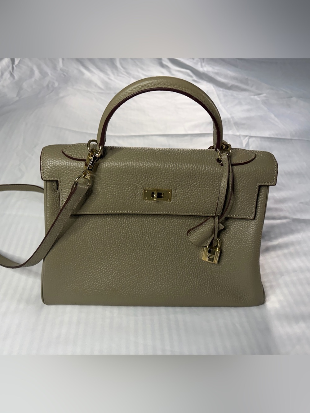 Classic Taupe Leather Top-Handle Bag
